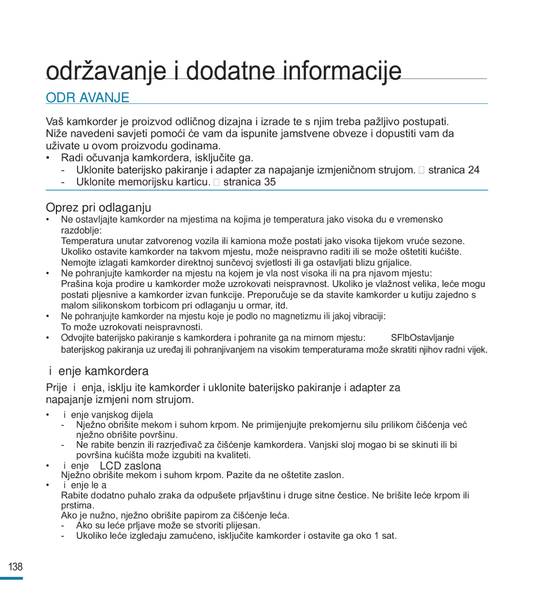 Samsung HMX-M20SP/EDC manual Održavanje i dodatne informacije, ČišćenjeLCD zaslona, Čišćenje vanjskog dijela, Čišćenje leća 