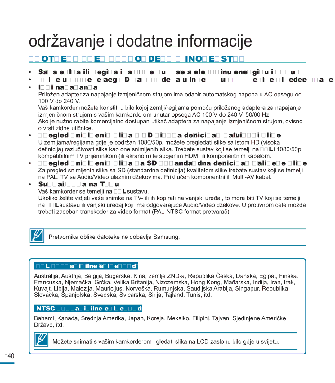 Samsung HMX-M20SP/EDC, HMX-M20BP/EDC manual Upotreba Vašeg Kamkordera U Inozemstvu, Sustavi boja na TV-u 