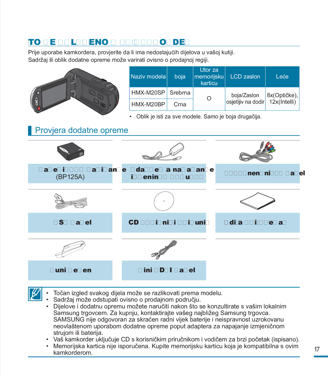 Samsung HMX-M20BP/EDC, HMX-M20SP/EDC manual ŠTO JE Uključeno U VAŠ Kamkorder, Provjera dodatne opreme, Adapter za napajanje 