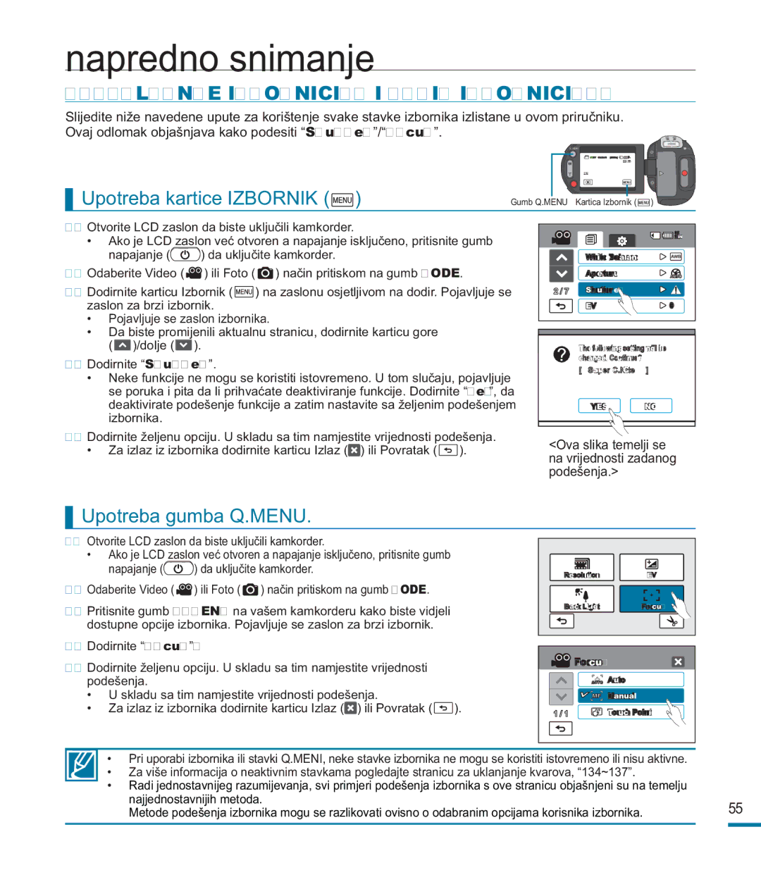 Samsung HMX-M20BP/EDC manual Napredno snimanje, Upravljanje Izbornicima I Brzim Izbornicima, Upotreba kartice Izbornik 