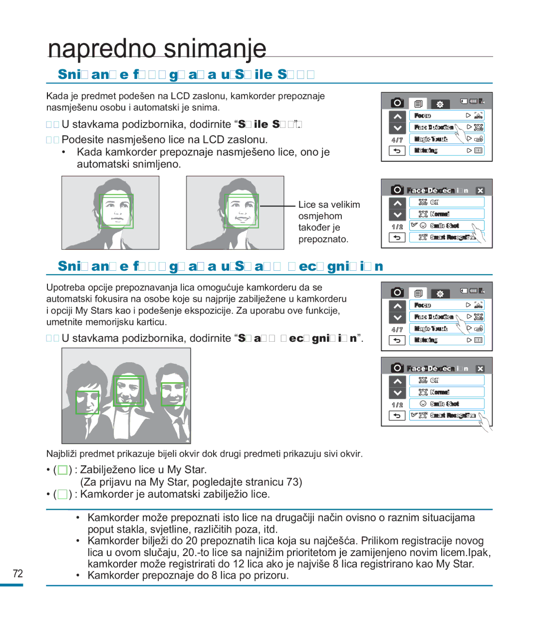 Samsung HMX-M20SP/EDC, HMX-M20BP/EDC manual Snimanje fotograﬁja uz Smile Shot, Snimanje fotograﬁja uz Smart Recognition 