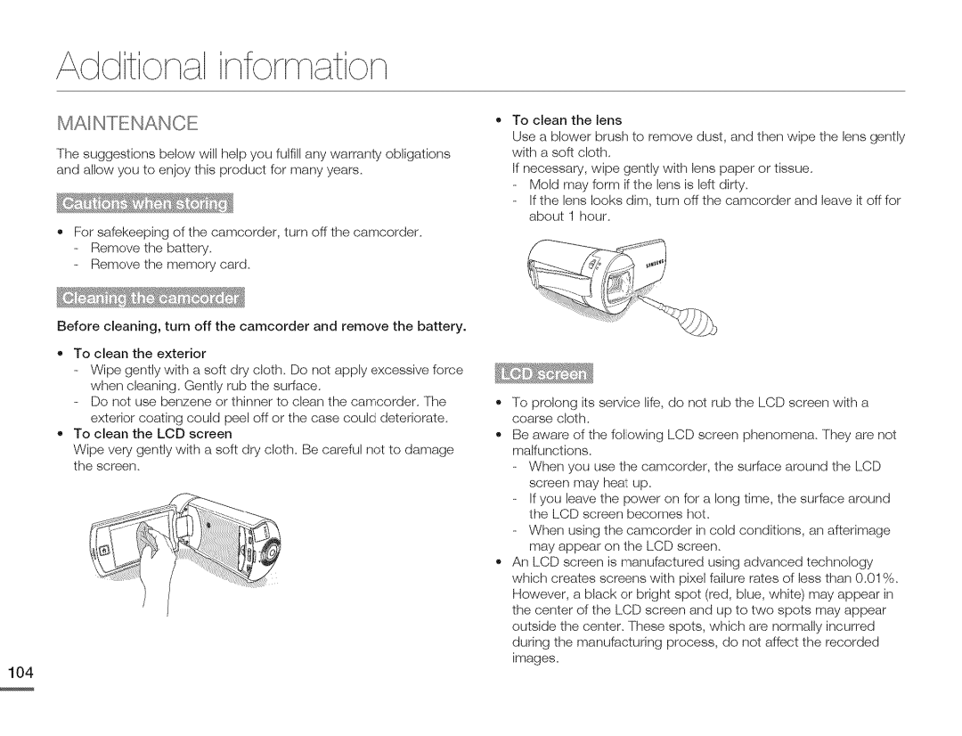 Samsung HMX-Q10BNIHMX-Q100BNIH MXOQ130BN, HMX-Q10TNIHMX-Q100TNIHMXDQ130TN user manual Additional infolrmation, Maintenance 