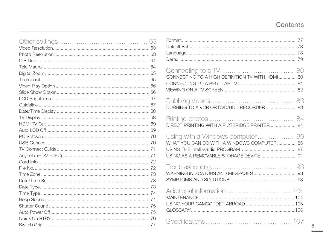 Samsung HMX-Q10TNIHMX-Q100TNIHMXDQ130TN user manual Contents, Viloo, Frir/irphotog, Jsingwilh VVinwsco, Rot ¢leshoolir f 