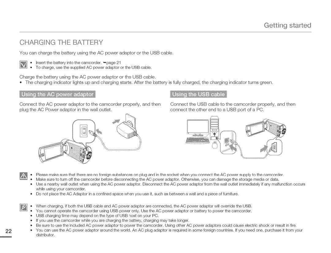 Samsung HMX-Q10UNIHMX-Q100UNIHMX-Q130UN, HMX-Q10BNIHMX-Q100BNIH MXOQ130BN Gettin 9 started Charging the BAIqERY, Usb 