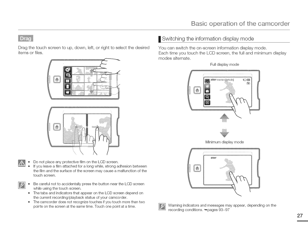 Samsung HMX-Q10PN/HMX-Q100PNIHMX-Q130PN user manual Basic opealion of the camcode, Switching the information display mode 