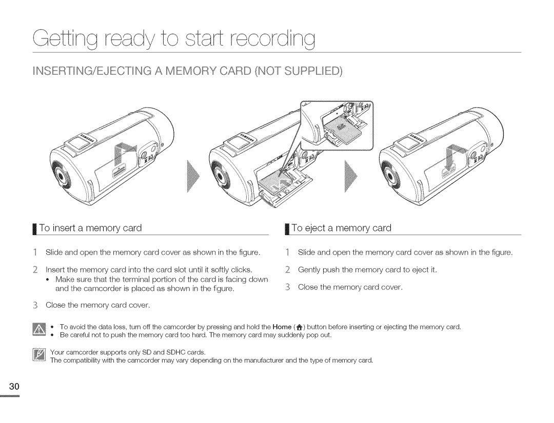 Samsung HMX-Q10UNIHMX-Q100UNIHMX-Q130UN user manual Ir dy to, INSERTING/EJECTING a MEM ,RYCARD not Supplied 