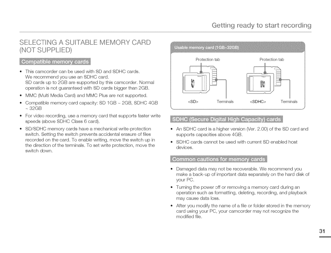 Samsung HMX-Q10PN/HMX-Q100PNIHMX-Q130PN Selecting a Suitable Memory Card not Supplied, Getting ready to sta,t recoding 