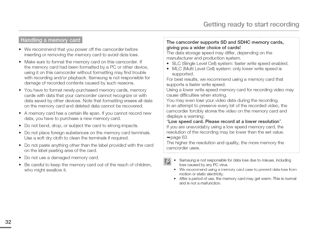 Samsung HMX-Q10BNIHMX-Q100BNIH MXOQ130BN, HMX-Q10TNIHMX-Q100TNIHMXDQ130TN user manual Getting ready to start recoding 