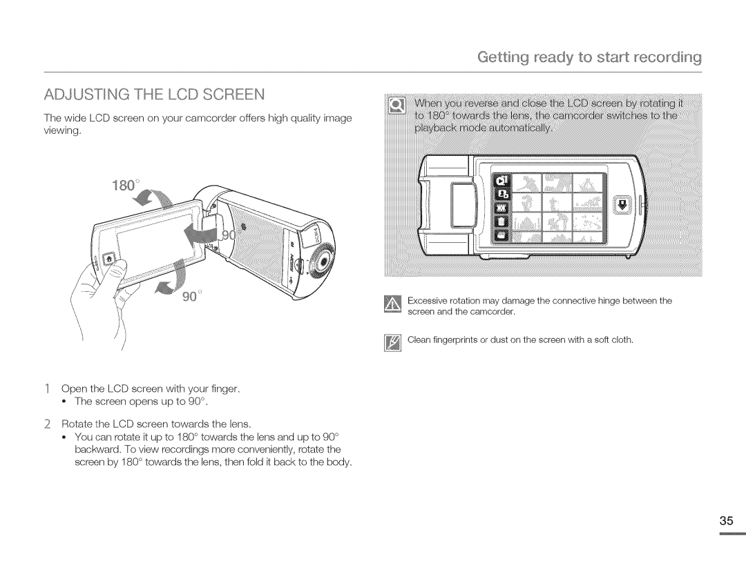 Samsung HMX-Q10PN/HMX-Q100PNIHMX-Q130PN user manual Gettin 9 ready to start recodin9 ADJUoTIN GcTHE LCD Screen, 180 