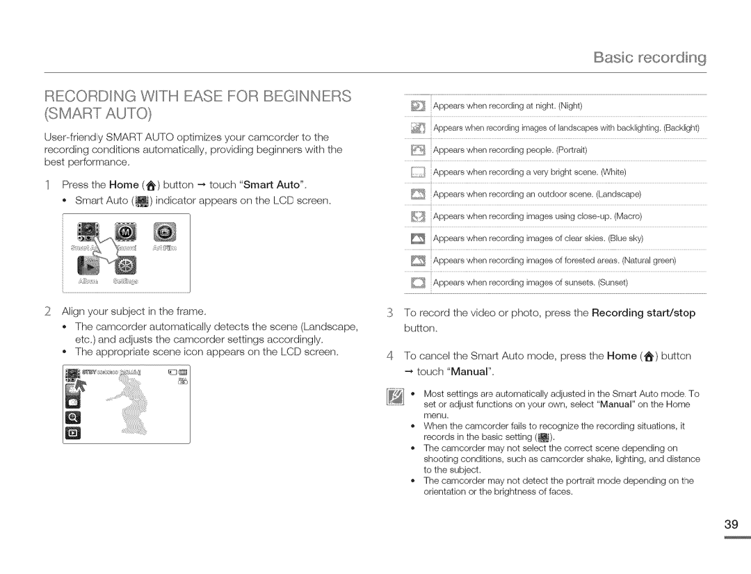 Samsung HMX-Q10PN/HMX-Q100PNIHMX-Q130PN user manual Recording with Ease for be GcINNERo, Smart Auto, I1!%App......h 