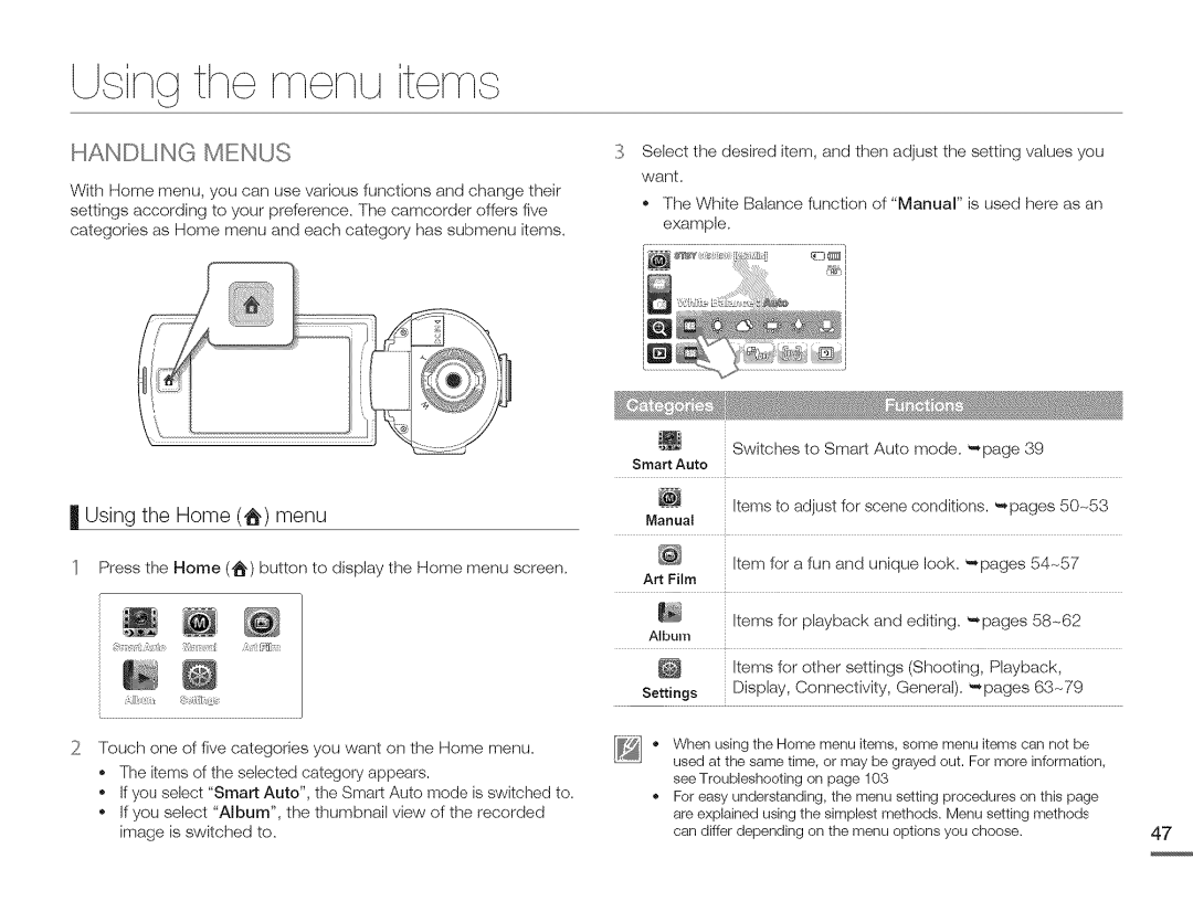 Samsung HMX-Q10PN/HMX-Q100PNIHMX-Q130PN ¢ing the menu item€, Handling Menus, Items to adjust for scene conditions. -pages 