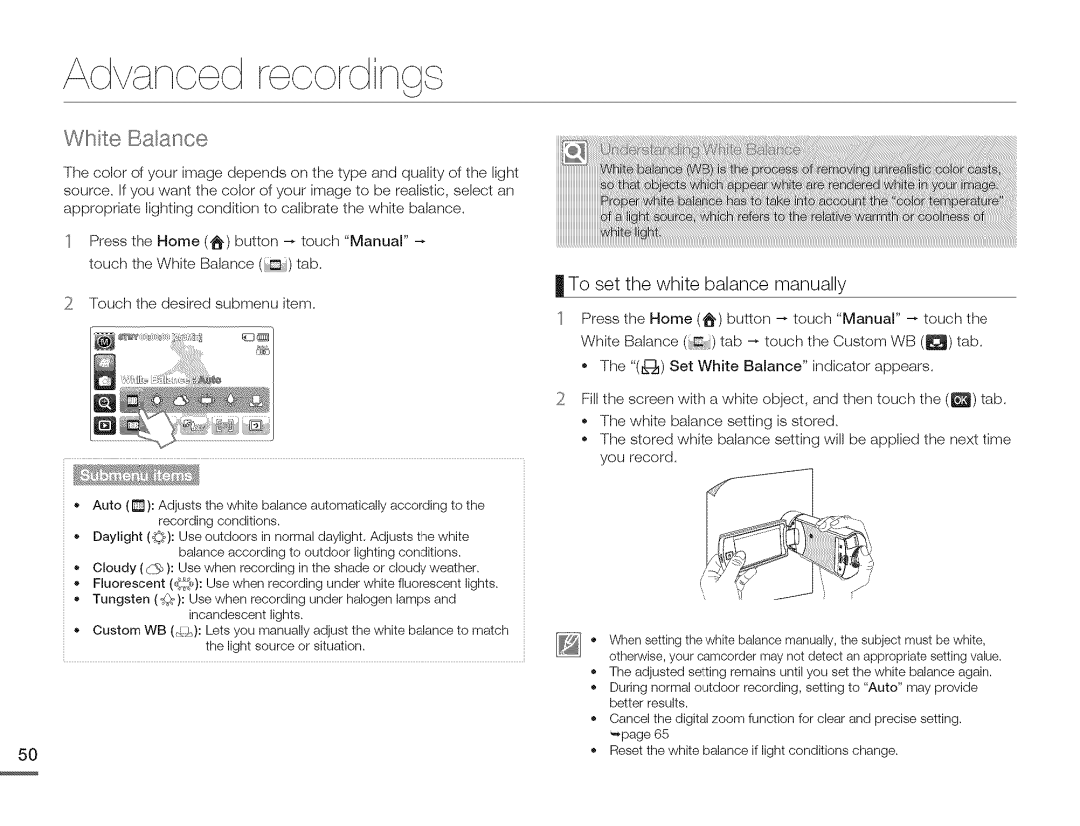 Samsung HMX-Q10UNIHMX-Q100UNIHMX-Q130UN, HMX-Q10TNIHMX-Q100TNIHMXDQ130TN Wlhit÷ Balance, To set the white balance manually 