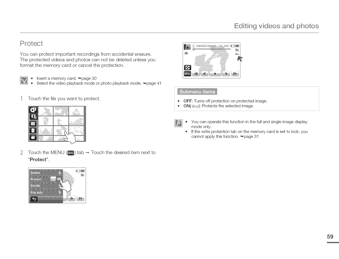 Samsung HMX-Q10PN/HMX-Q100PNIHMX-Q130PN user manual Editing videos and photos, Protect, Touch the file you want to protect 