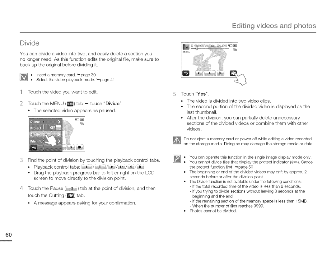 Samsung HMX-Q10BNIHMX-Q100BNIH MXOQ130BN, HMX-Q10TNIHMX-Q100TNIHMXDQ130TN user manual Editing videos and photos Divide 