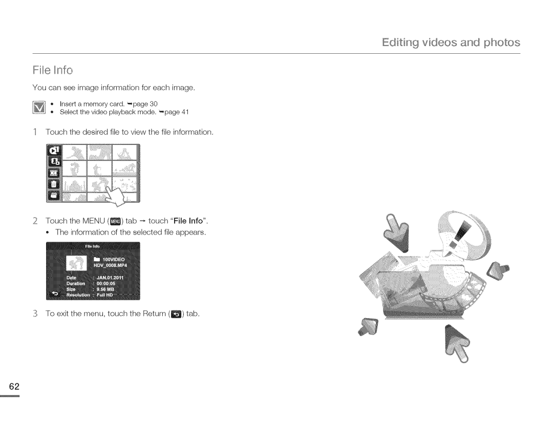 Samsung HMX-Q10UNIHMX-Q100UNIHMX-Q130UN, HMX-Q10BNIHMX-Q100BNIH MXOQ130BN user manual Editing videos and photos File Info 