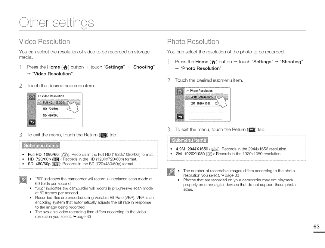 Samsung HMX-Q10PN/HMX-Q100PNIHMX-Q130PN, HMX-Q10BNIHMX-Q100BNIH MXOQ130BN Thel r Ettings, Video, Photo Resolution 