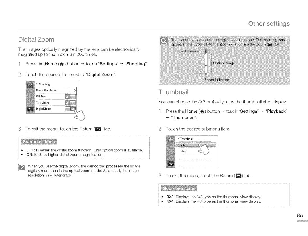 Samsung HMX-Q10TNIHMX-Q100TNIHMXDQ130TN, HMX-Q10BNIHMX-Q100BNIH MXOQ130BN Othe settings Digital Zoom, TIhulnbnail 