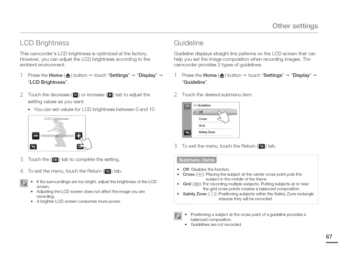 Samsung HMX-Q10PN/HMX-Q100PNIHMX-Q130PN, HMX-Q10BNIHMX-Q100BNIH MXOQ130BN LCD Bdgllstness, Othe settings Guideline 