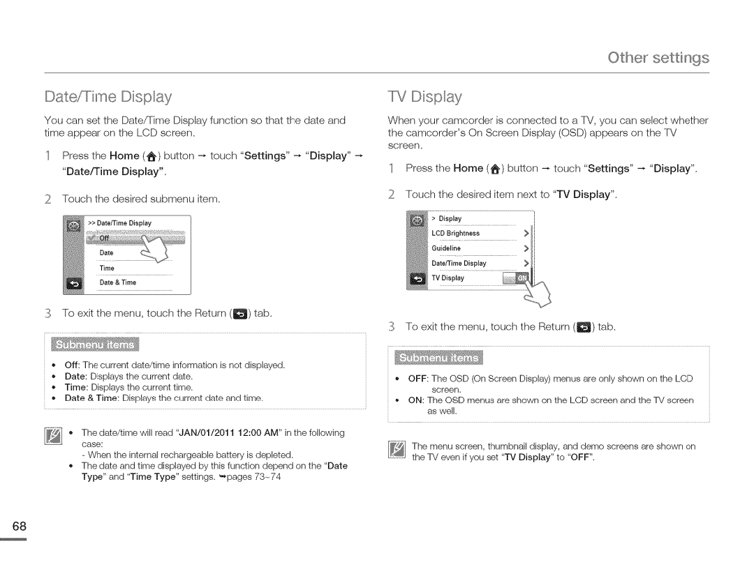 Samsung HMX-Q10BNIHMX-Q100BNIH MXOQ130BN, HMX-Q10TNIHMX-Q100TNIHMXDQ130TN Date/Tine Display, Othe settings FV Display 