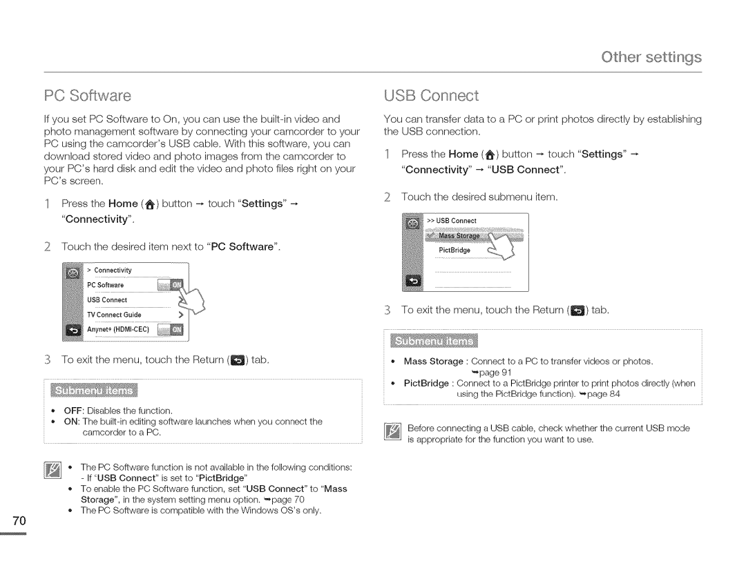 Samsung HMX-Q10UNIHMX-Q100UNIHMX-Q130UN, HMX-Q10BNIHMX-Q100BNIH MXOQ130BN user manual PC Sofiwane, Othe settings USB Connect 