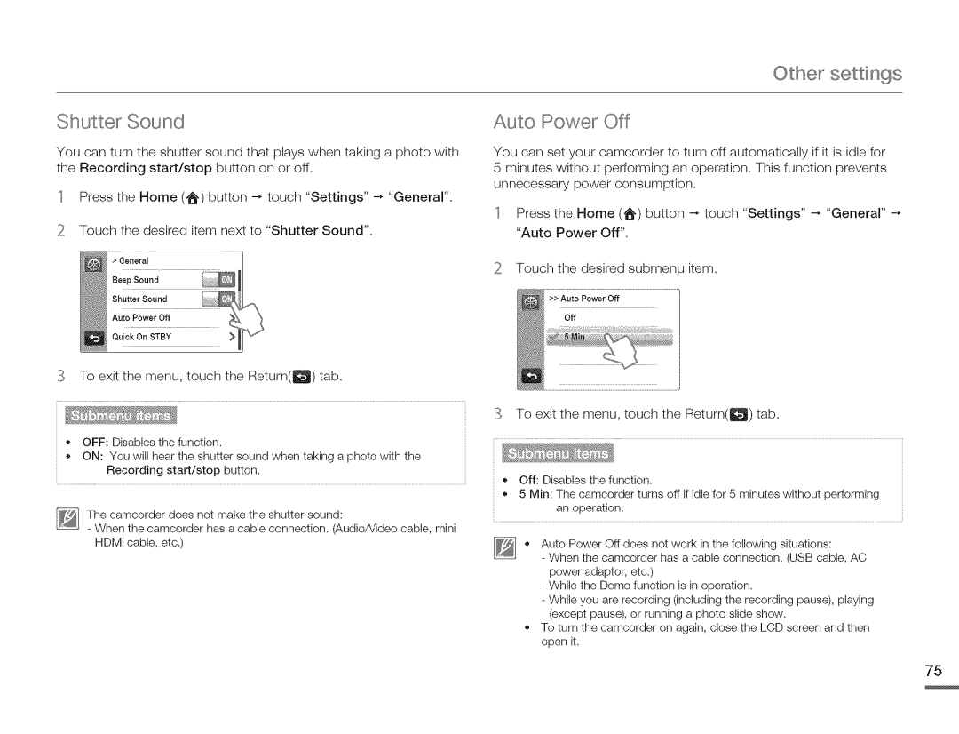 Samsung HMX-Q10PN/HMX-Q100PNIHMX-Q130PN, HMX-Q10BNIHMX-Q100BNIH MXOQ130BN Shutter Sound, Othe settings Auto Power Off 