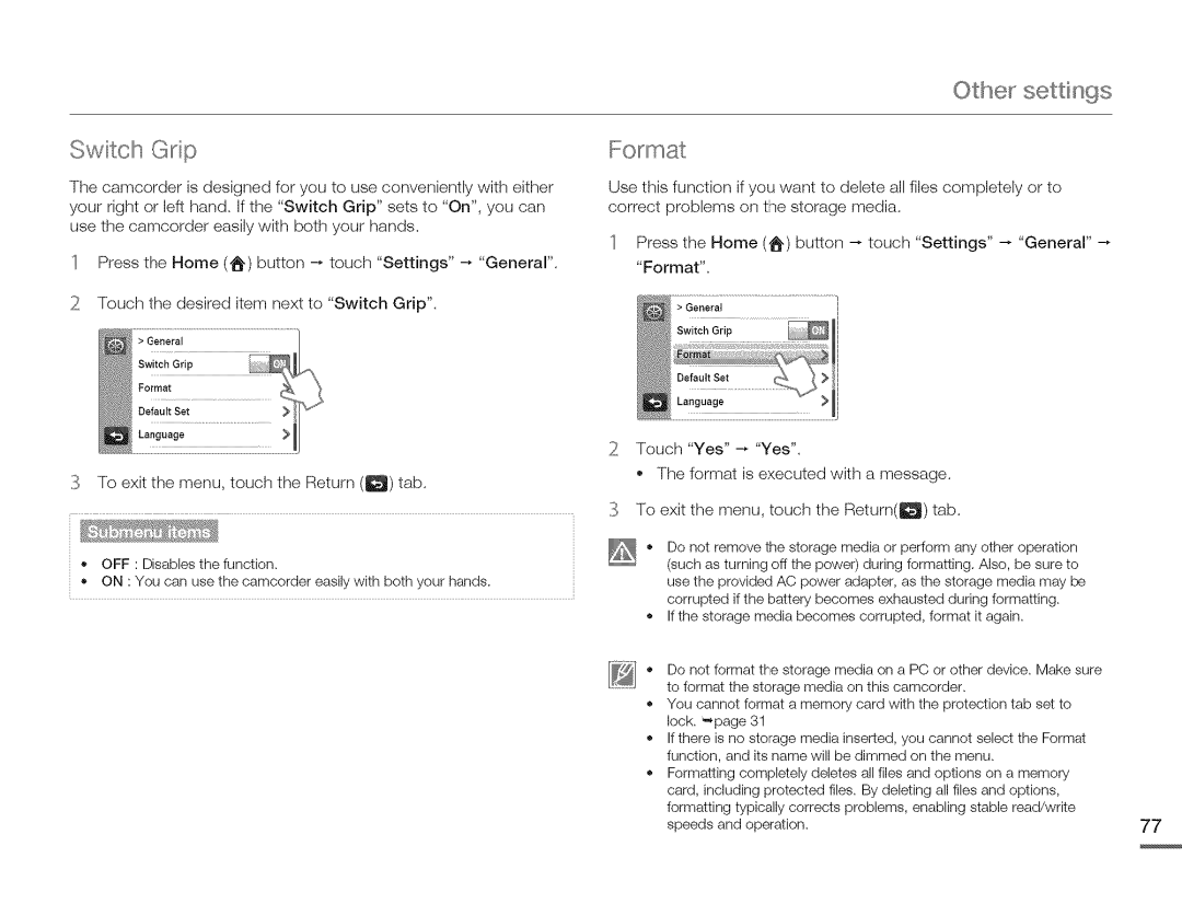 Samsung HMX-Q10TNIHMX-Q100TNIHMXDQ130TN user manual Switoh Grip, Othe settings, Touch the desired item next to Switch Grip 