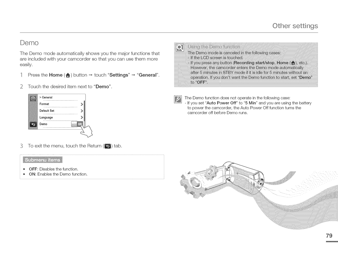 Samsung HMX-Q10PN/HMX-Q100PNIHMX-Q130PN, HMX-Q10BNIHMX-Q100BNIH MXOQ130BN Touch the desired item next to Demo 