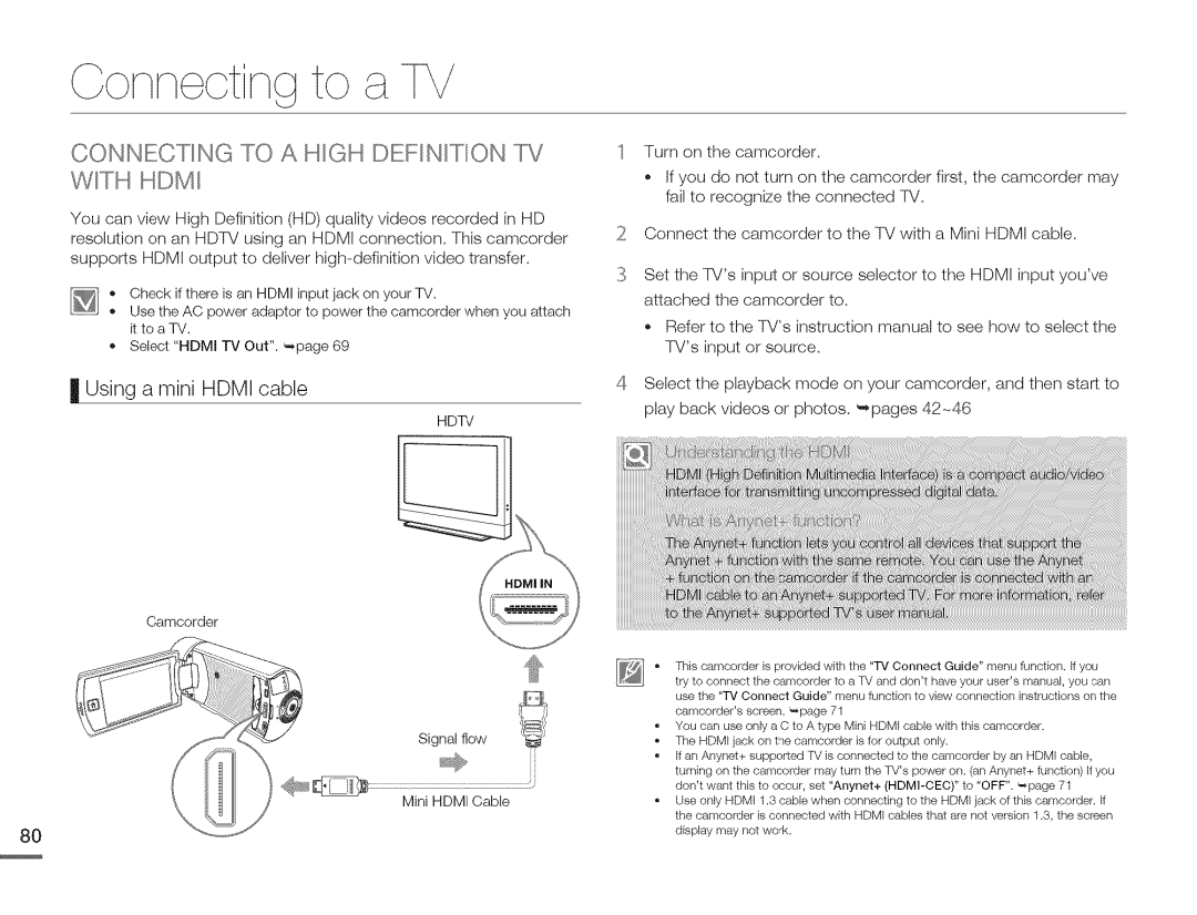 Samsung HMX-Q10BNIHMX-Q100BNIH MXOQ130BN user manual Connecting to a, Connectin -TO a High Definition D7 with HDM 