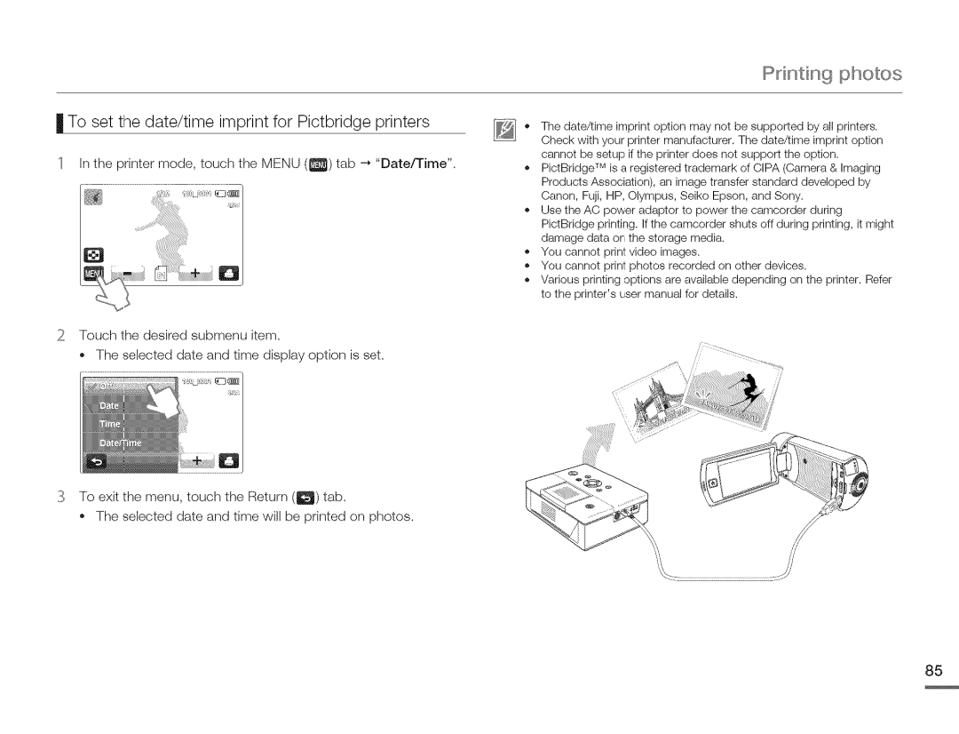 Samsung HMX-Q10TNIHMX-Q100TNIHMXDQ130TN user manual Printin 9 photos, To set the date/time imprint for Pictbridge printers 