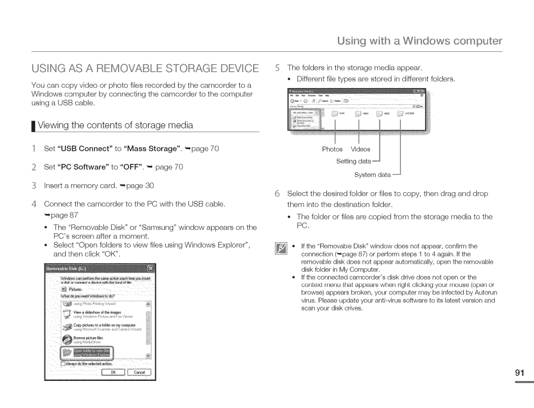 Samsung HMX-Q10PN/HMX-Q100PNIHMX-Q130PN Using AS a Removable Storage Device, Viewing the contents of storage media 