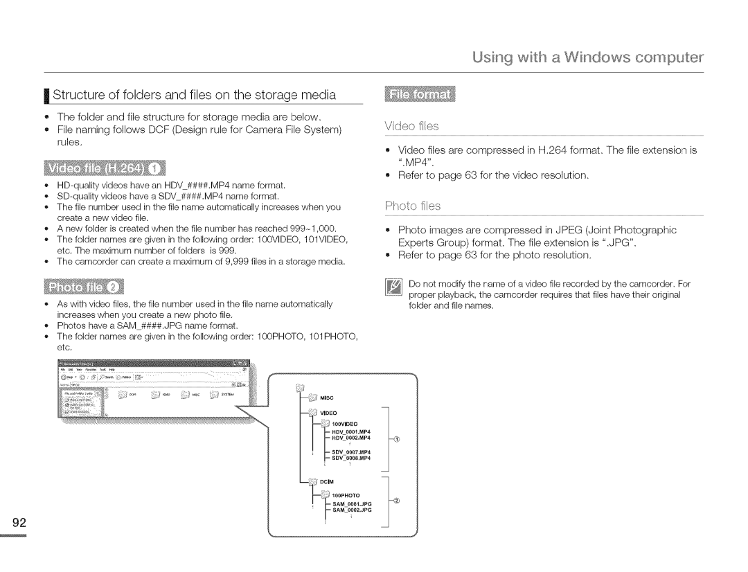 Samsung HMX-Q10BNIHMX-Q100BNIH MXOQ130BN user manual Structure of folders and files on the storage media, Video Iiles 