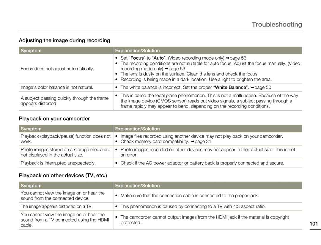 Samsung HMX-Q10BN/XAA Adjusting the image during recording, Playback on your camcorder, Playback on other devices TV, etc 