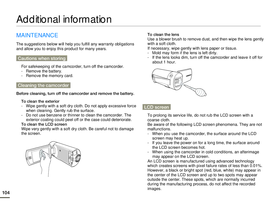 Samsung HMX-Q10BN/XAA manual Additional information, Maintenance, Cleaning the camcorder, LCD screen, 104 