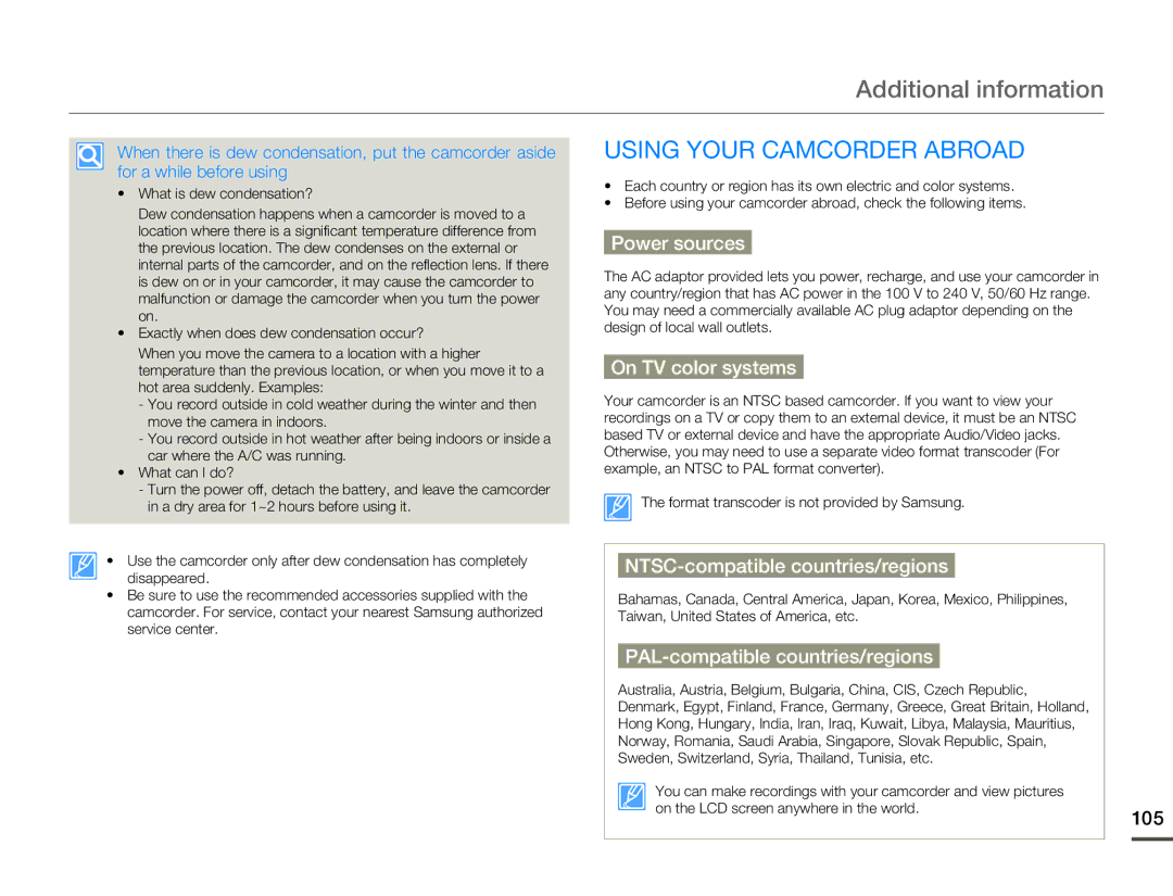 Samsung HMX-Q10BN/XAA manual Additional information, Using Your Camcorder Abroad 