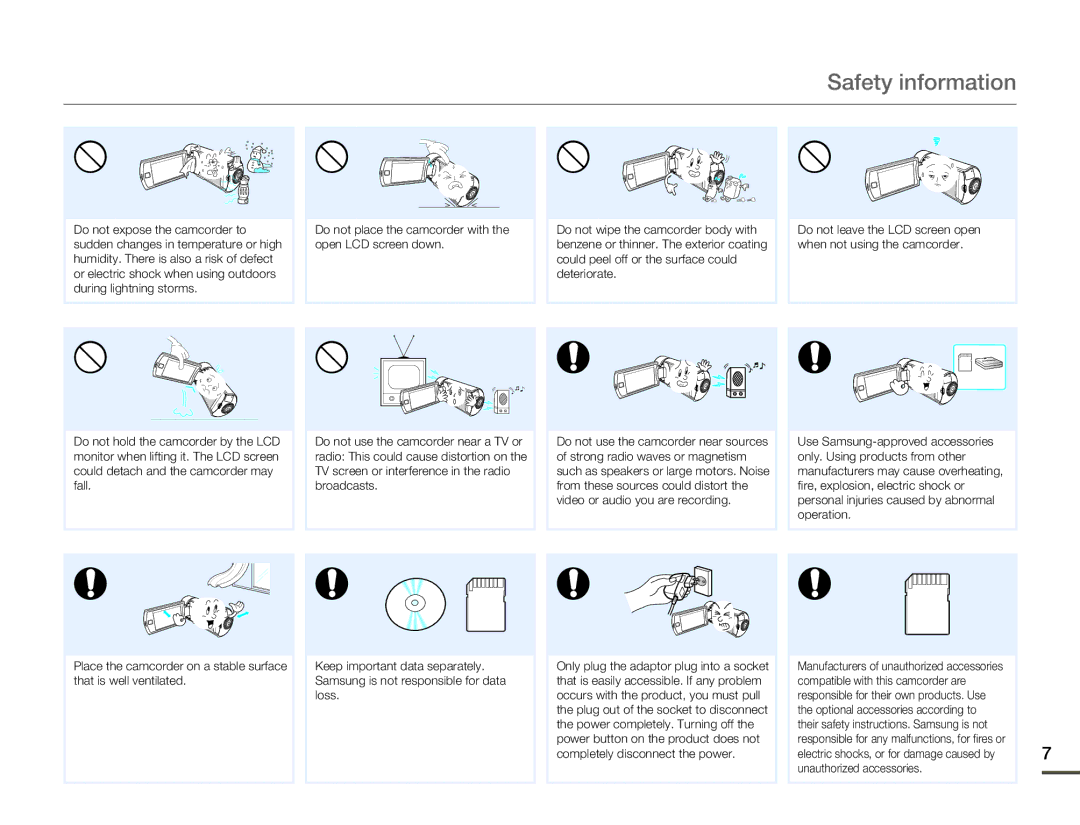 Samsung HMX-Q10BN/XAA manual Safety information 