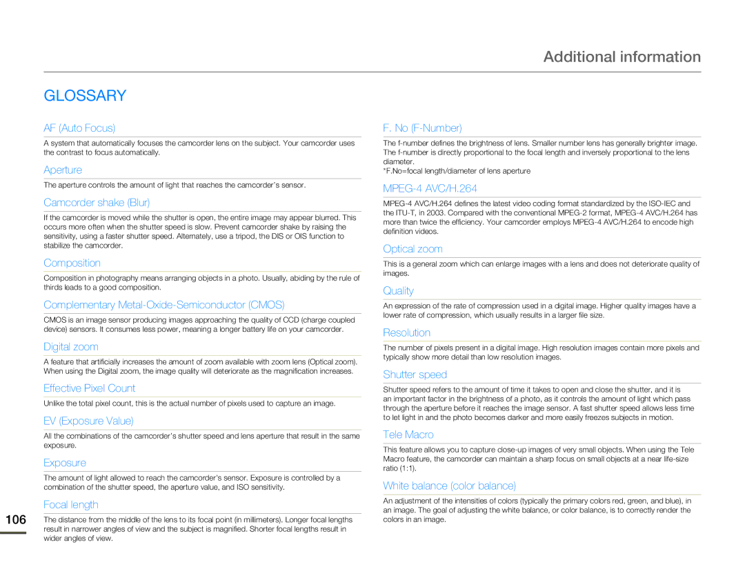 Samsung HMX-Q10BN/XAA manual Glossary 