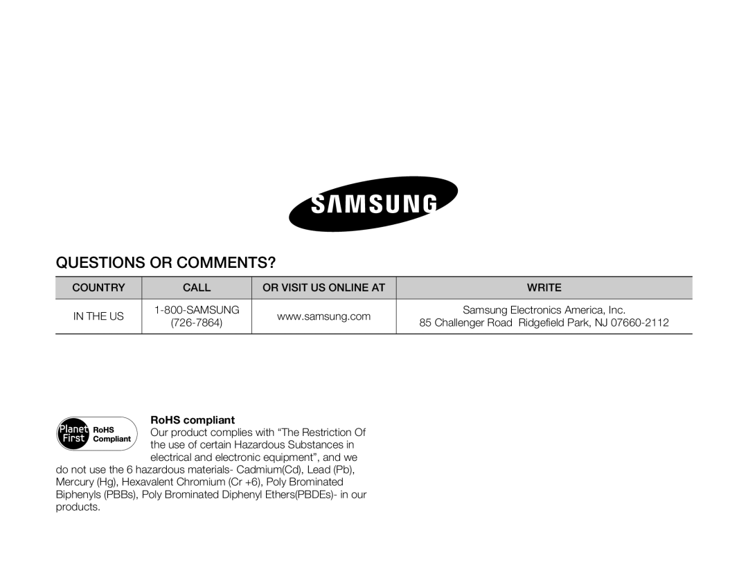 Samsung HMX-Q10BN/XAA manual Questions or COMMENTS?, Challenger Road Ridgefield Park, NJ 