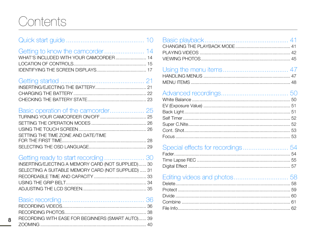 Samsung HMX-Q10BN/XAA manual Contents 