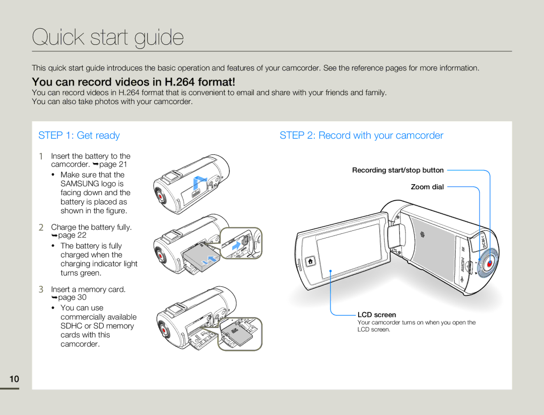 Samsung HMX-Q10BN/XAA manual Quick start guide, You can record videos in H.264 format 