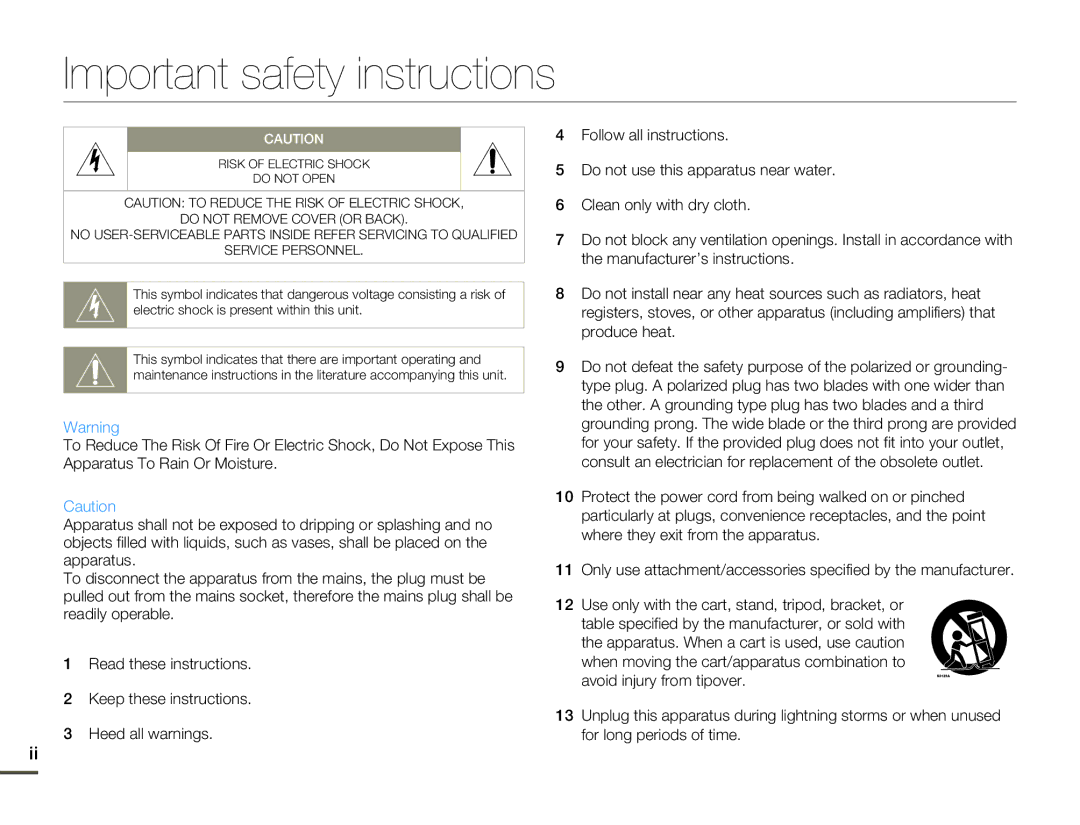 Samsung HMX-Q10BN/XAA manual Important safety instructions 