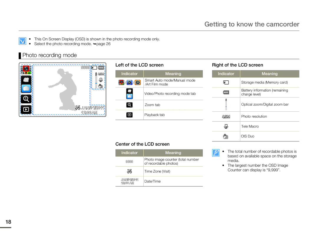 Samsung HMX-Q10BN/XAA manual Photo recording mode, 9999 