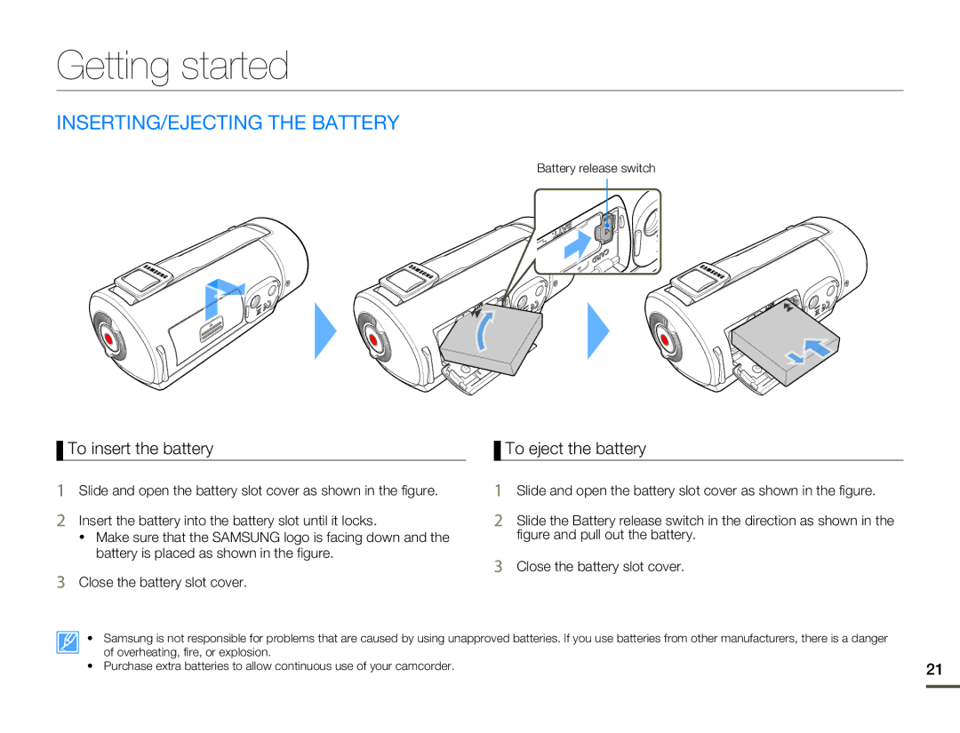 Samsung HMX-Q10BN/XAA manual Getting started, INSERTING/EJECTING the Battery, To insert the battery, To eject the battery 