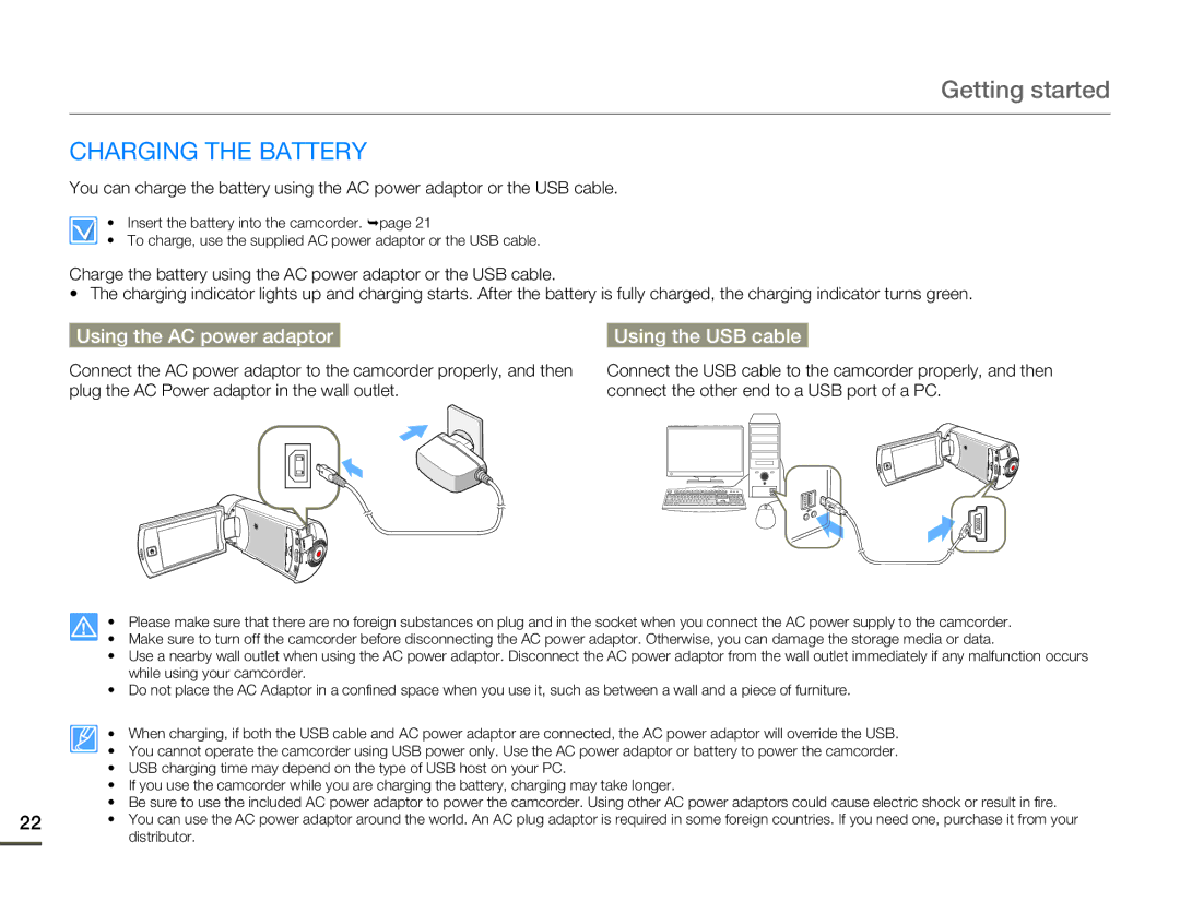 Samsung HMX-Q10BN/XAA manual Getting started, Charging the Battery, Using the AC power adaptor Using the USB cable 