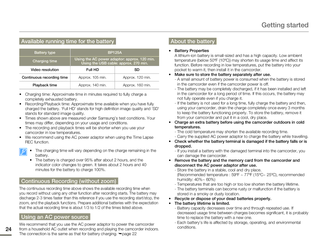 Samsung HMX-Q10BN/XAA Available running time for the battery, Continuous Recording without zoom, Using an AC power source 