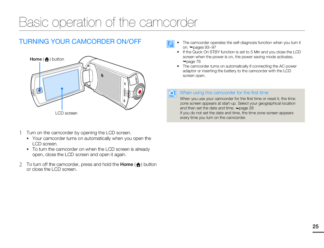 Samsung HMX-Q10BN/XAA manual Basic operation of the camcorder, Turning Your Camcorder ON/OFF 