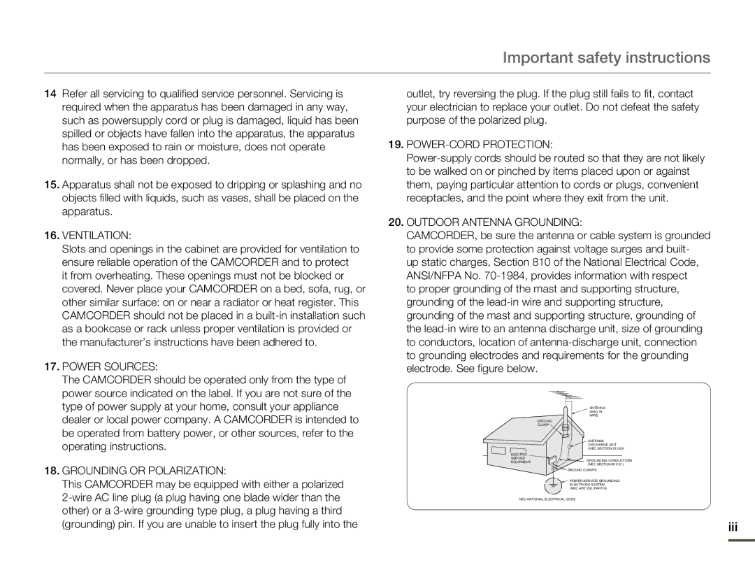 Samsung HMX-Q10BN/XAA manual Important safety instructions, Iii 