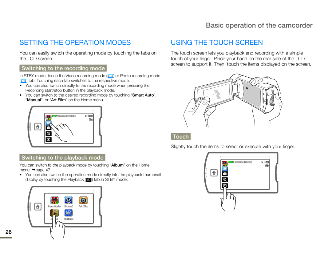 Samsung HMX-Q10BN/XAA manual Basic operation of the camcorder, Setting the Operation Modes, Using the Touch Screen 