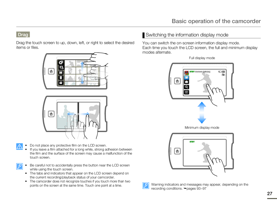 Samsung HMX-Q10BN/XAA manual Drag, Switching the information display mode 