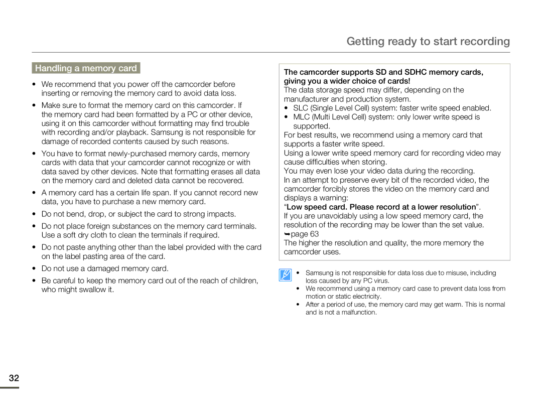 Samsung HMX-Q10BN/XAA manual Handling a memory card 