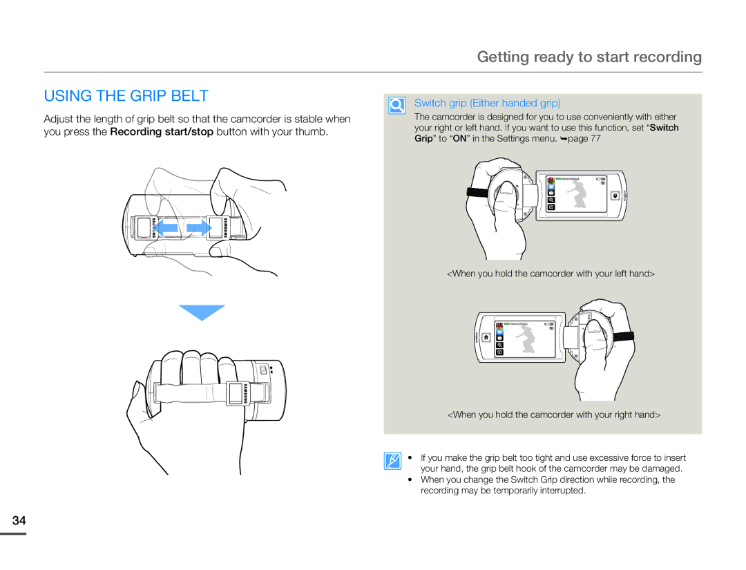 Samsung HMX-Q10BN/XAA manual Using the Grip Belt, Switch grip Either handed grip 